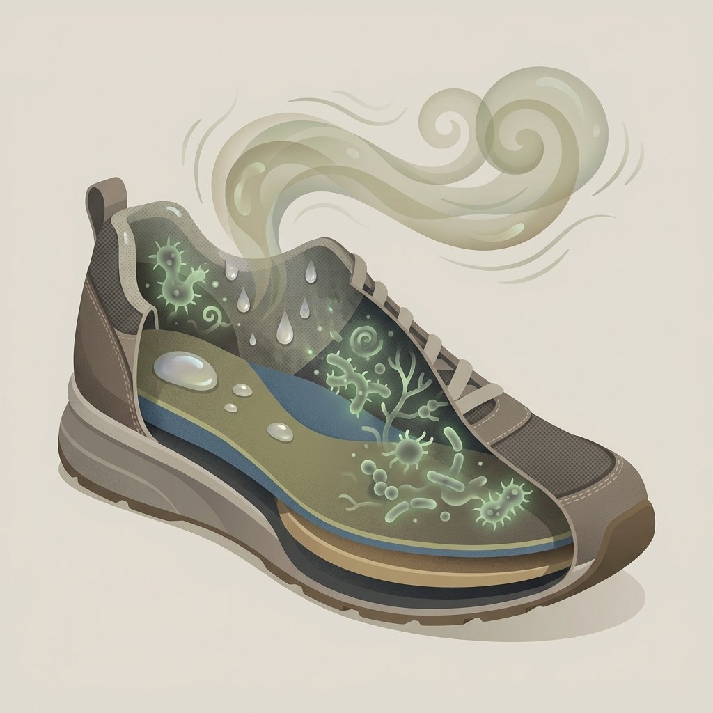 A detailed, modern flat illustration depicting a cutaway view of the interior of a shoe. Inside, visible moisture droplets cling to the lining, and abstract, slightly ominous greenish-grey microbial shapes representing bacteria and fungi are subtly integrated into the material texture. A faint, swirling cloud of unpleasant odor visually emanates from the shoe's opening. The color palette should be muted and earthy, with subtle hints of dampness and microbial activity, creating a slightly scientific and informative yet visually appealing infographic style. The focus is on the invisible causes of the smell.