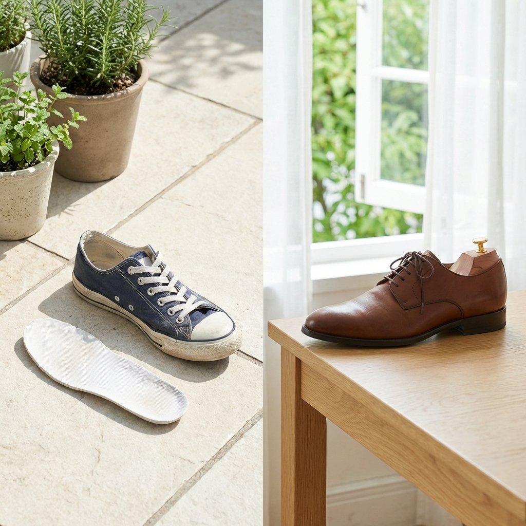 A bright, professional photo showcasing multiple shoes undergoing immediate deodorization steps. One casual sneaker is placed outdoors on a clean, sunlit patio surface, with its removable insole positioned neatly beside it to air dry. Nearby, a stylish leather shoe stands indoors on a wooden surface, with a natural, untreated cedar shoe tree visibly inserted. The background should be clean, airy, and suggest good ventilation, perhaps with blurred hints of an open window or natural light. The overall aesthetic should be fresh, clean, and optimistic, highlighting effective natural remedies.