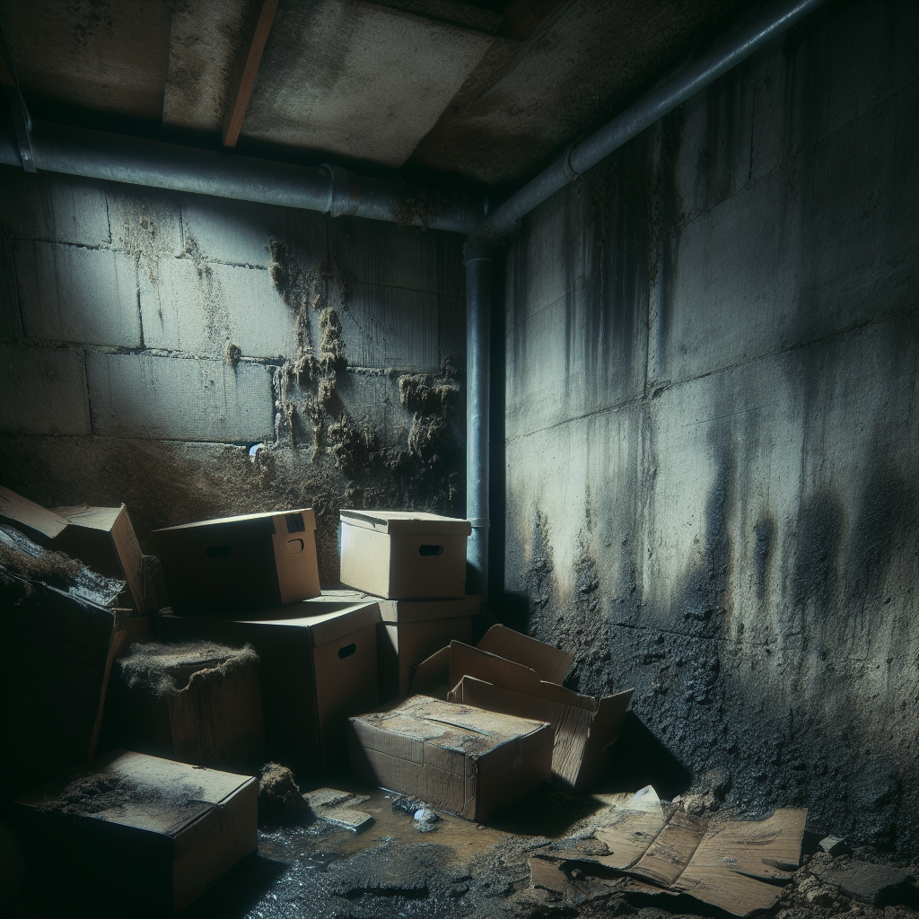A dark, damp, and neglected basement with visible moisture stains on the concrete walls and a faint hint of mold in a corner. Old, slightly discolored cardboard boxes are stacked, contributing to a musty, stagnant atmosphere. The lighting is dim, emphasizing the unpleasant and heavy air, conveying the typical 'Kellergeruch'.