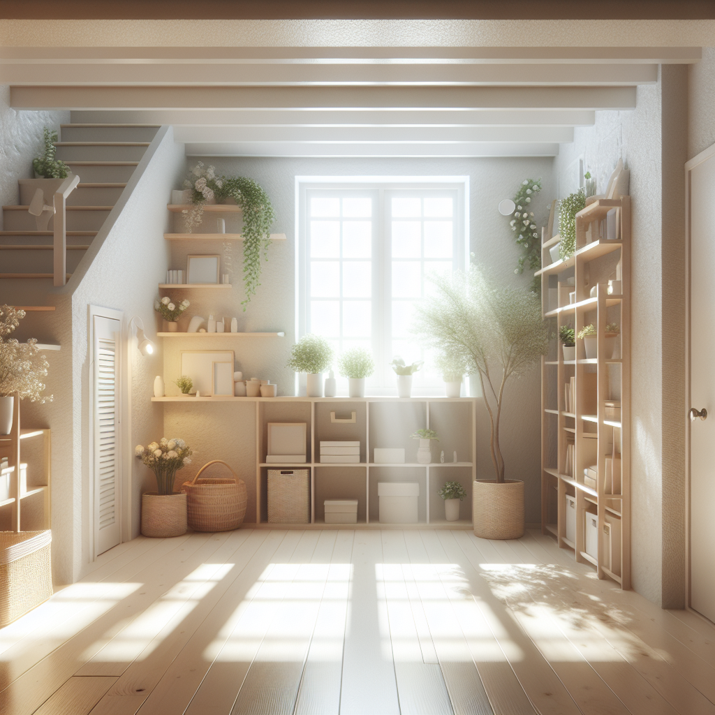 A bright, clean, and airy basement interior, sunlight streaming through a small window, illuminating a neat space with a subtle plant or two, conveying a fresh and inviting atmosphere. No signs of dampness or mustiness. Realistic photo style.