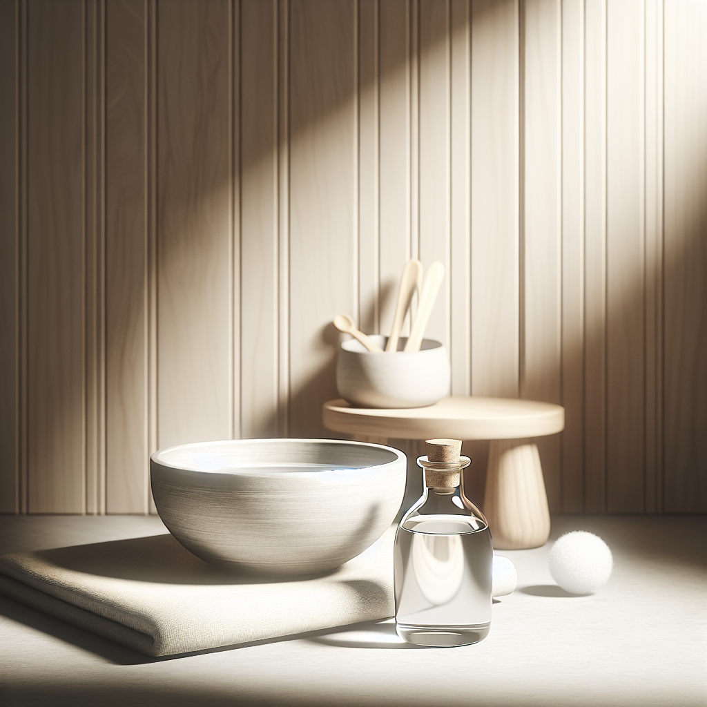 A simple white bowl filled with clear vinegar, placed on a clean, light wooden surface in a softly lit basement corner. The scene suggests a natural home remedy at work, with a focus on cleanliness and simplicity. Realistic photo style, slightly minimalist.