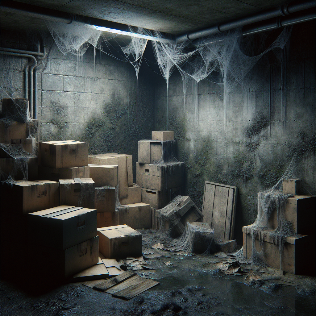 A dark, damp, and cluttered basement corner. Cobwebs hang from the ceiling, old cardboard boxes are stacked, and a visible patch of mildew subtly stains a concrete wall, conveying a strong sense of musty, stagnant air. Overcast lighting, realistic photography.