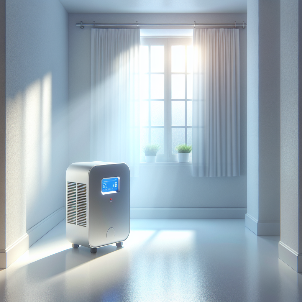 A brightly lit, clean, and airy basement. Sunlight streams through a small high window, illuminating a modern, sleek ozone generator placed on a clean floor. The air looks visibly fresh and pure, with a subtle, almost invisible purifying mist emanating from the device. A feeling of renewed freshness and cleanliness. Realistic photography.