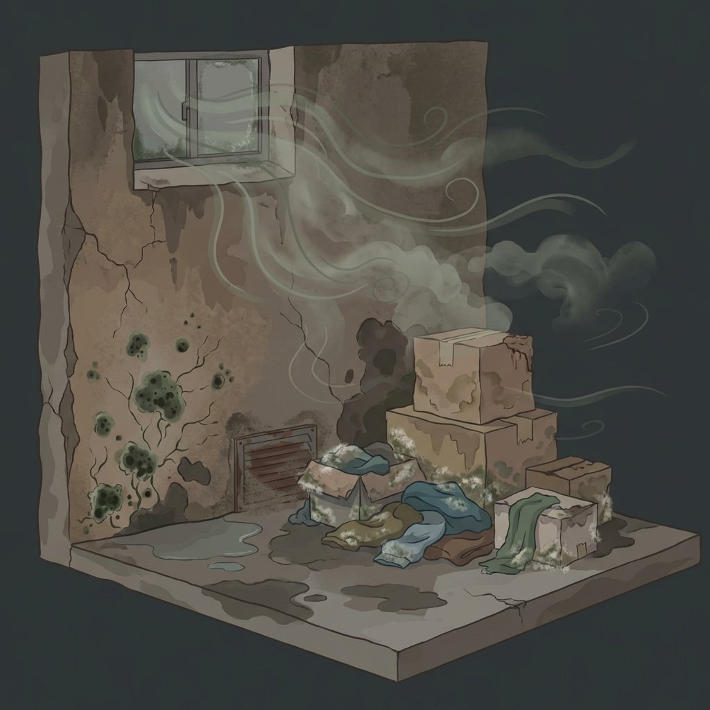 A detailed flat illustration depicting a cross-section of a basement corner plagued by musty odors. Visible elements include a damp, cracking wall with patches of greenish-black mold spores, indicating moisture ingress. In the dimly lit air, subtle wavy lines and muted grey-green wisps symbolize the pervasive, unpleasant odor. A small, closed, or poorly sealed window and a lack of proper ventilation are subtly hinted at. Nearby, a stack of old, water-stained cardboard boxes and textiles provides an ideal breeding ground for mildew, contributing to the stale atmosphere. The scene emphasizes the sources of the smell.