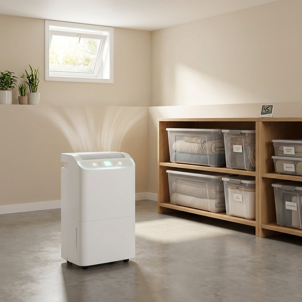 A professional photo capturing a bright, airy, and freshly ventilated basement. Sunlight streams through a small, open window, suggesting good airflow. In the foreground, a modern, operational dehumidifier efficiently extracts moisture from the air, subtly depicted by a stream of clean air exiting. The walls are clean, dry, and painted in a light, neutral color. Organized storage shelves hold clean, dry items in sealed containers. A small, digital hygrometer on a shelf displays a healthy low humidity percentage, reinforcing the theme of a well-managed and odor-free environment.