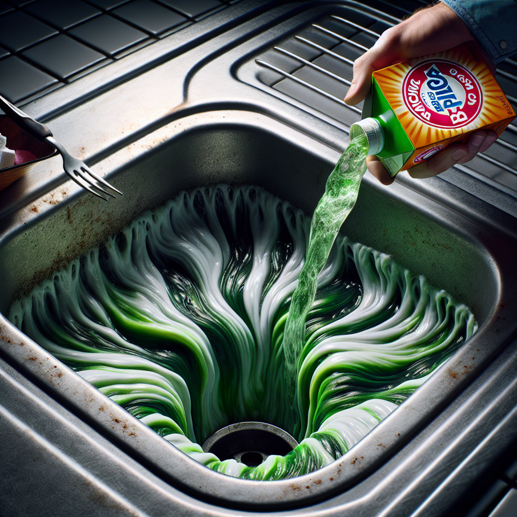A close-up of a kitchen sink drain emitting green, wavy, foul-smelling odors. A hand is poised above the drain, holding a box of baking soda and a bottle of vinegar, ready to pour them in. The scene conveys a sense of urgency and the immediate problem. Realistic photo, dramatic lighting.