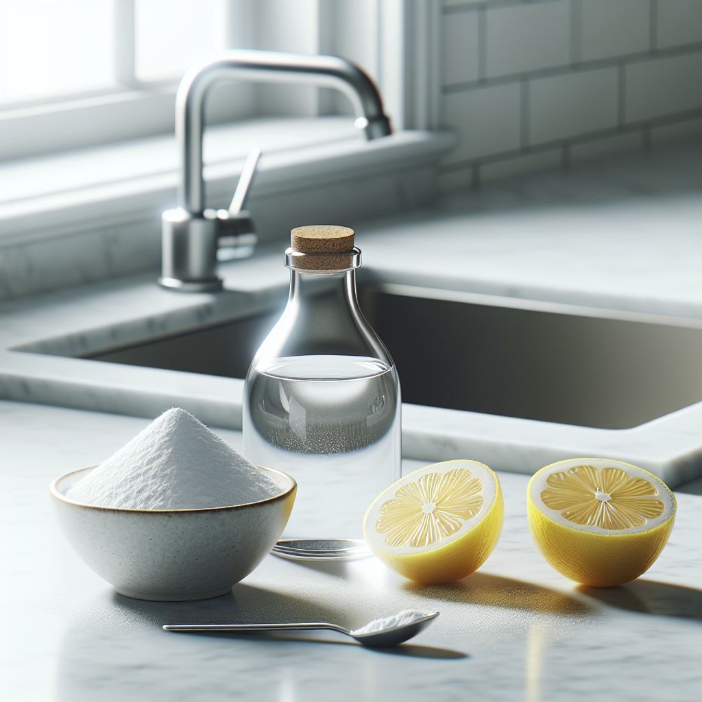 A bright, clean, and modern kitchen countertop. Neatly arranged on the counter are a glass bottle of white vinegar, a small bowl filled with white baking soda, and several fresh, bright yellow lemon slices. In the background, a sparkling clean stainless steel kitchen sink drain is visible, suggesting freshness and hygiene. Soft, natural lighting, minimalistic style, high-resolution photograph.