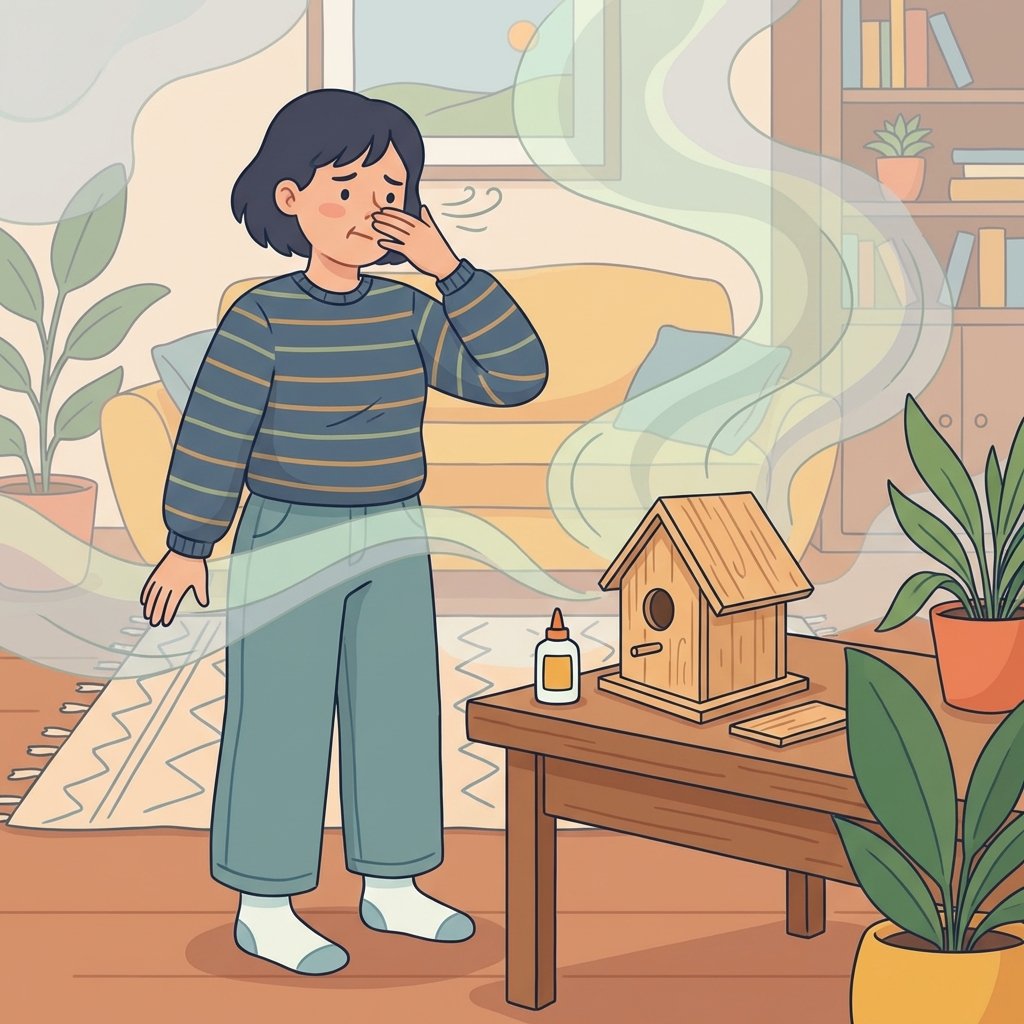 A vibrant flat illustration depicting a home environment with a subtle sense of discomfort. In the foreground, a person (gender neutral) is gently fanning away or slightly recoiling from an invisible, unpleasant smell emanating from a recently glued object on a table (e.g., a craft project or piece of furniture). Stylized, wavy, pale green or grey lines symbolize the lingering chemical odor diffusing through the air. The room appears slightly hazy to emphasize the airborne nature of the smell, suggesting an uncomfortable atmosphere. Focus on clean lines and a friendly, approachable aesthetic.