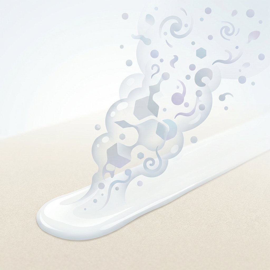 An engaging infographic-style illustration showcasing the origin of glue smell. A close-up view of a freshly applied strip of glue on a neutral surface. From the drying glue, a cloud of small, abstract, molecule-like shapes (without specific chemical symbols) visibly rises and disperses into the air. These shapes could be depicted in subtle varying shades of grey and light purple, visually representing volatile organic compounds (VOCs) evaporating from the liquid. The background is clean and bright, emphasizing the process of evaporation and diffusion from the glue into the surrounding atmosphere.
