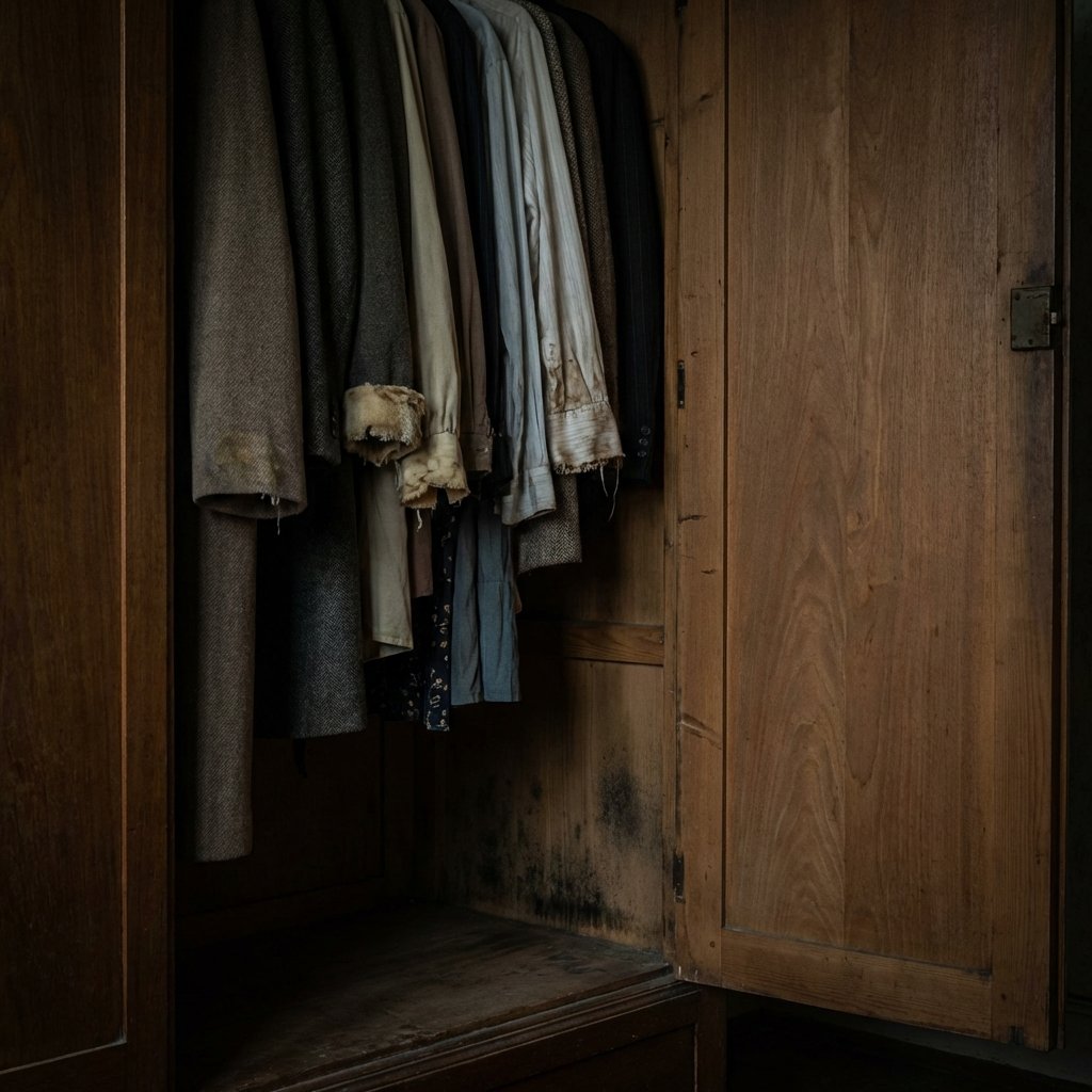 A professional photo illustrating a slightly open, wooden wardrobe interior. The atmosphere should convey a sense of staleness and mustiness. Clothes, some looking a bit limp or discolored at the edges, hang closely together. In a shadowed corner, subtle hints of dampness or mildew can be perceived on the wood grain, without being overly explicit or graphic. The lighting is dim, emphasizing the uninviting nature of the space, suggesting poor ventilation and lingering odors before remediation.