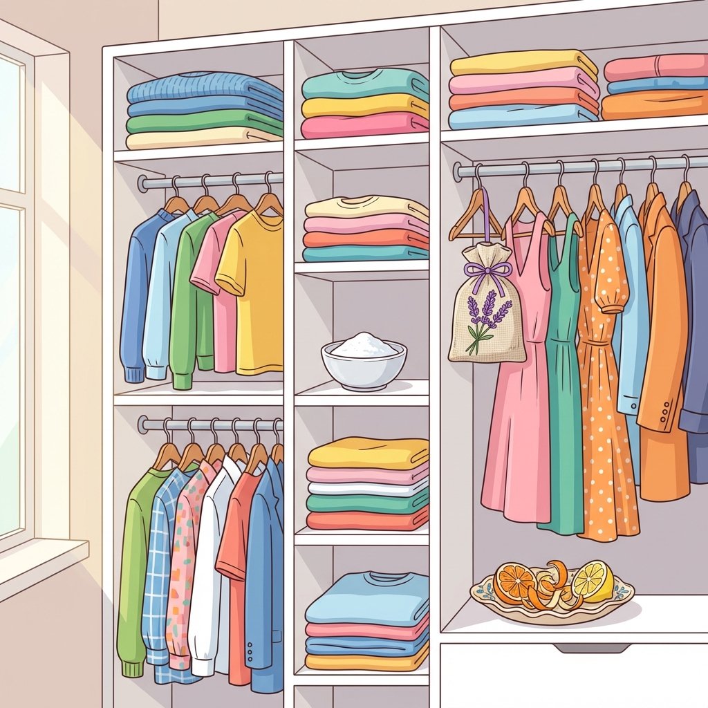 A vibrant, clean flat illustration depicting an organized, open wardrobe. Inside, various clothes are neatly folded on shelves and hung on hangers, all appearing fresh and colorful. Several natural odor-absorbing elements are strategically placed: a small, unassuming bowl of baking soda on a shelf, a linen sachet filled with lavender hanging amongst clothes, and perhaps a few dried citrus peels in a decorative dish. The overall style is bright and airy, symbolizing freshness, cleanliness, and effective odor elimination.