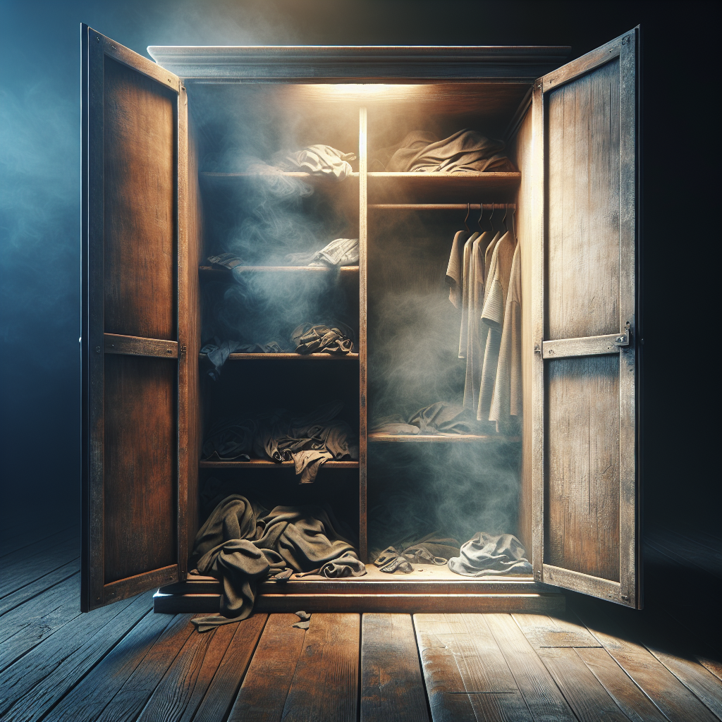A slightly open, old wooden wardrobe with a cluttered, musty interior. A faint, visually subtle cloud of unpleasant odor is escaping, creating a sense of stuffiness and neglect. Realistic, moody lighting, focus on conveying the stale atmosphere.