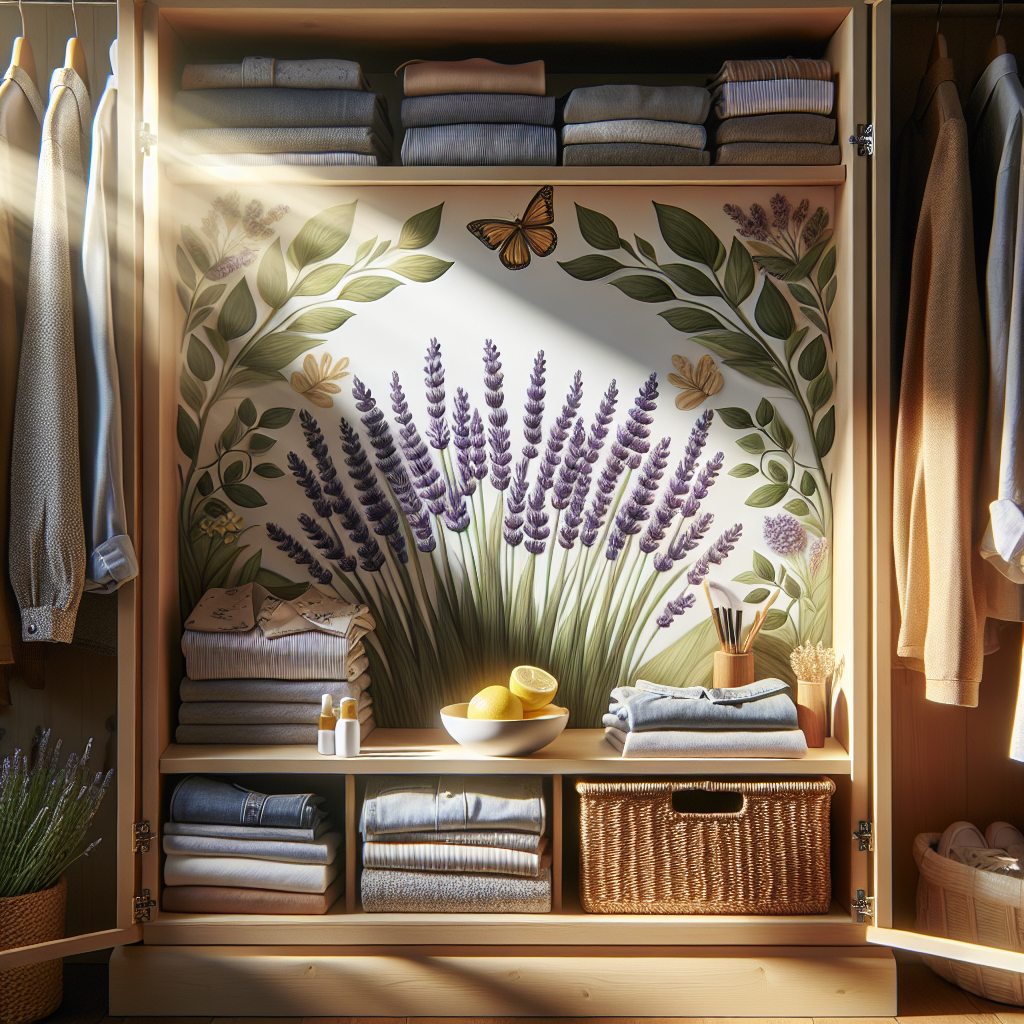 A beautifully organized, open wardrobe with clean, neatly folded clothes. Sunlight streams into the closet, highlighting natural elements like lavender sprigs and a small bowl of lemon slices, symbolizing freshness and a pleasant scent. Bright, inviting atmosphere, realistic style.