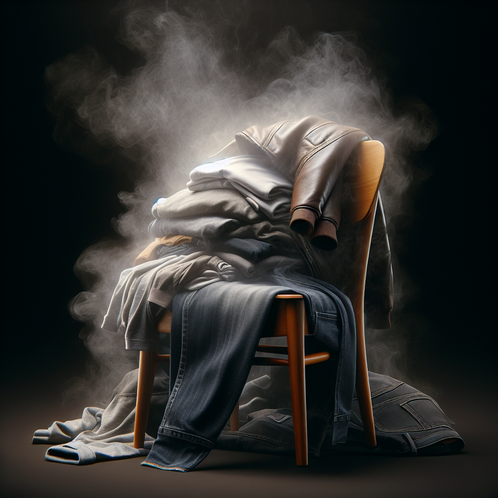 A close-up, realistic photo of a pile of clothes (t-shirt, jacket, jeans) on a chair, with a subtle, smoky, unpleasant aura visibly rising from them. The setting is a dimly lit room, conveying the persistent, stubborn nature of smoke smell. High detail, natural light photography.