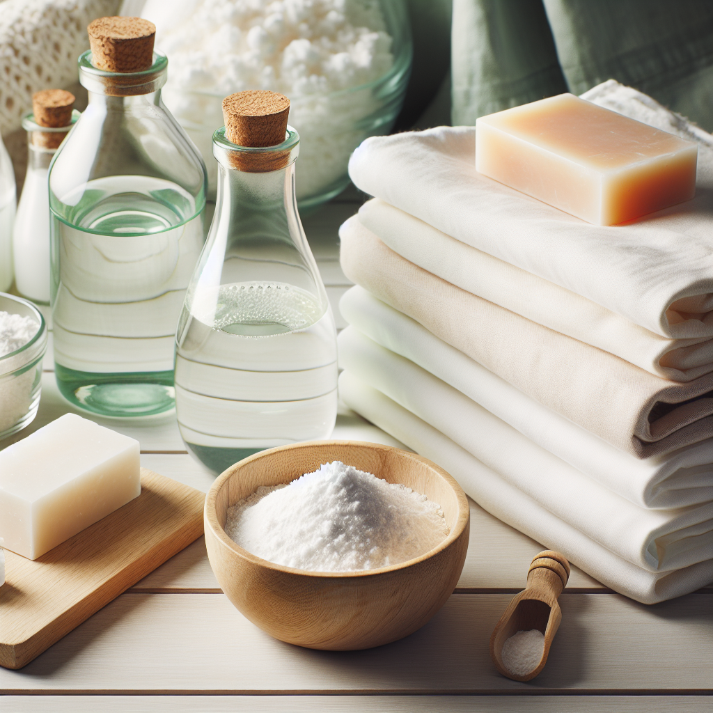 A bright, clean flat lay composition on a light wooden table, showcasing natural cleaning agents: a small bowl of white baking soda, a clear bottle of vinegar, and a bar of traditional bile soap (Gallseife). Alongside these items, there are a few neatly folded, freshly laundered white and light-colored clothes, emphasizing gentle and effective garment care. Soft, natural lighting.