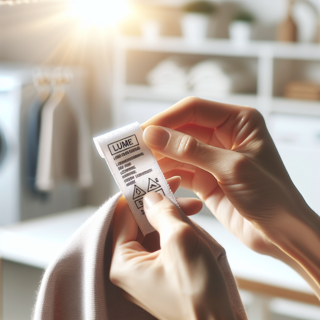 A person's hands are carefully inspecting a clothing label with care instructions on a soft fabric, with a blurred background of a modern, tidy laundry room. The scene emphasizes attention to detail and proper garment preparation before washing, conveying a sense of careful maintenance for clothes. Bright, clean, and organized aesthetic.