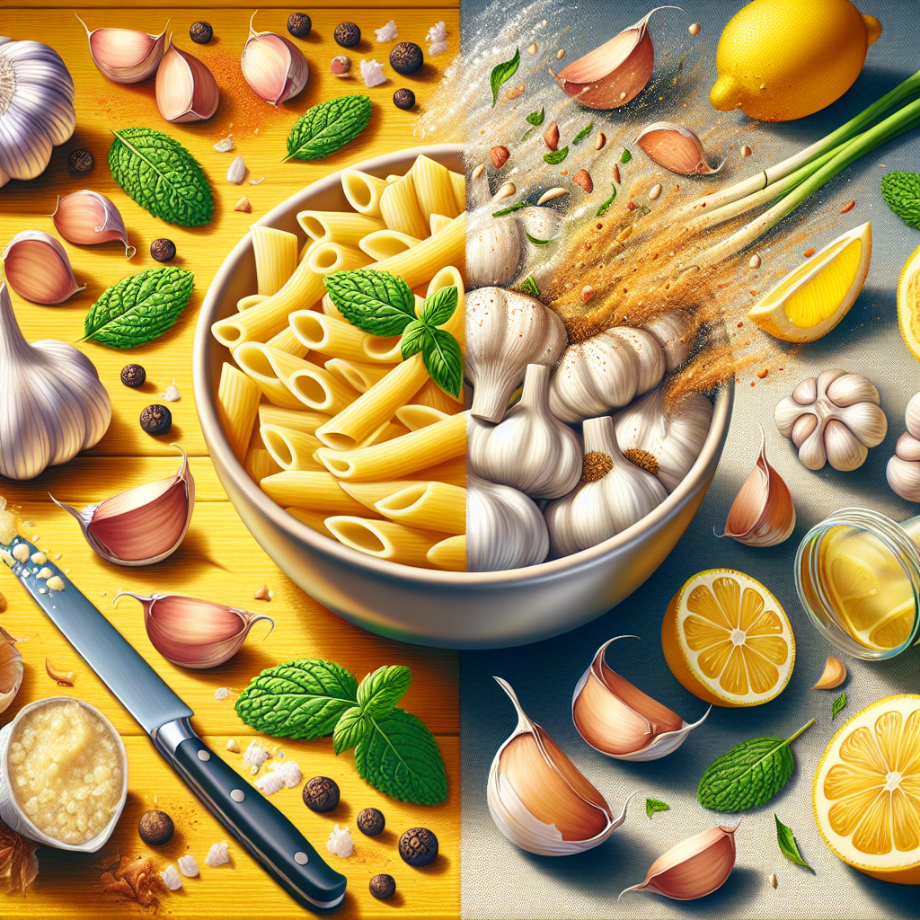 A vibrant image representing the paradox of enjoying garlic: on one side, a delicious dish with prominent garlic cloves (e.g., pasta or garlic bread) emitting a subtle, almost visible aroma, and on the other side, elements symbolizing freshness and odor elimination, such as a sliced lemon, fresh mint leaves, and a clean, airy feeling. The style should be bright and inviting, suitable for a blog article.