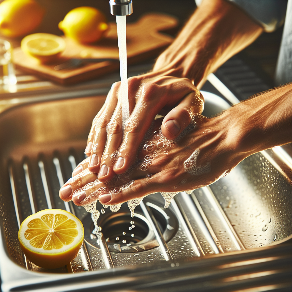 Close-up of hands actively being rubbed against a gleaming stainless steel kitchen sink or a specialized stainless steel soap bar, with a fresh lemon half and a few water droplets visible nearby. The scene should convey cleanliness and the effective removal of strong odors, specifically garlic smell from the hands. Bright, practical, and clear photography style.