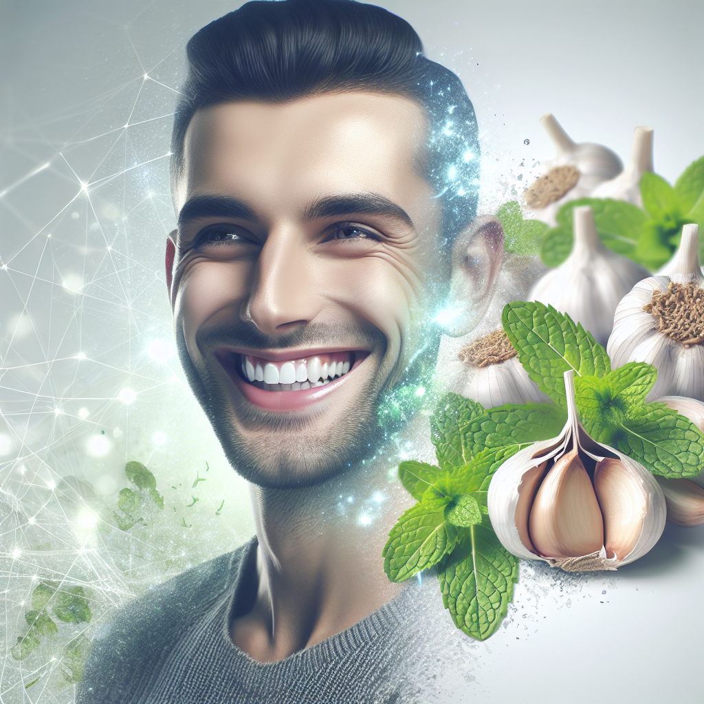 A person smiling brightly, looking confident and relieved, with a subtle, sparkling freshness effect around their mouth. In the background, a very subtly blurred suggestion of garlic cloves and fresh mint leaves, representing the contrast of the problem and solution. The overall style is clean, modern, and positive.