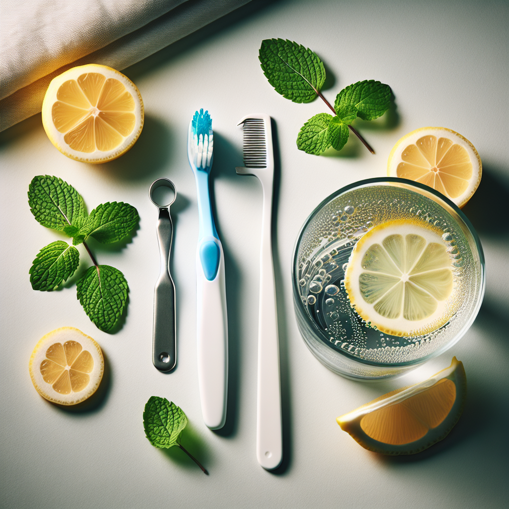 A flat lay composition on a clean, light surface, featuring items associated with combating garlic breath: a toothbrush, a tongue scraper, a glass of water with lemon slices, and a few fresh mint leaves. The lighting is soft and natural, emphasizing freshness and hygiene.