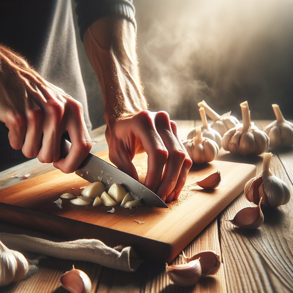 Close-up, highly detailed shot of a person's hands in a modern kitchen, having just finished chopping several cloves of garlic on a wooden cutting board. The hands are slightly stained, conveying the strong, persistent garlic aroma, with a subtle steam or haze around them. Realistic, warm lighting, natural colors.