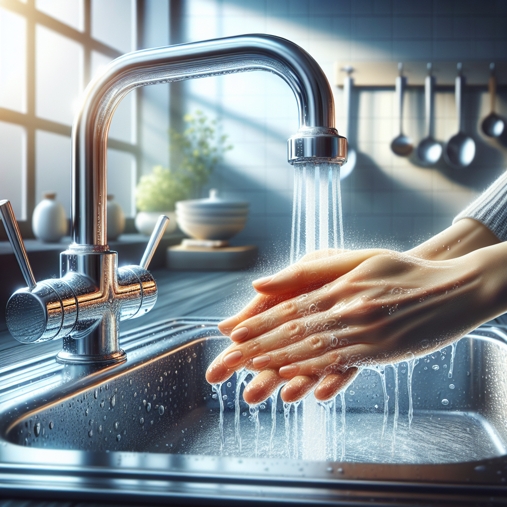 Highly detailed shot of hands being rubbed against a shiny stainless steel kitchen faucet under a gentle stream of cold water in a modern kitchen sink. The scene illustrates the classic 'stainless steel trick' for removing odors. Bright, clean aesthetic, natural light.