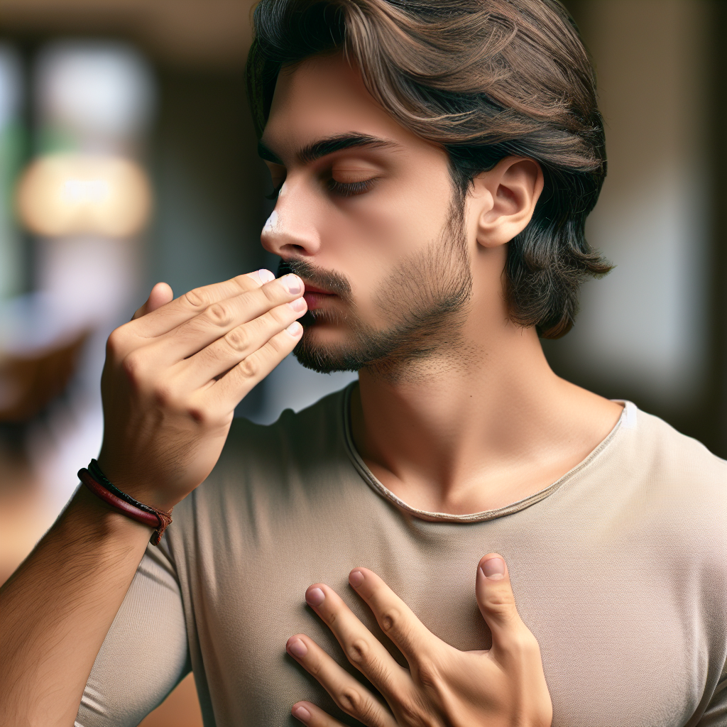 A person (gender-neutral, late 20s) looking slightly self-conscious, subtly breathing into their cupped hand to check their breath. The background is clean and slightly blurred, suggesting an everyday setting after a meal. The overall mood conveys a common concern about lingering garlic breath, with natural, soft lighting.