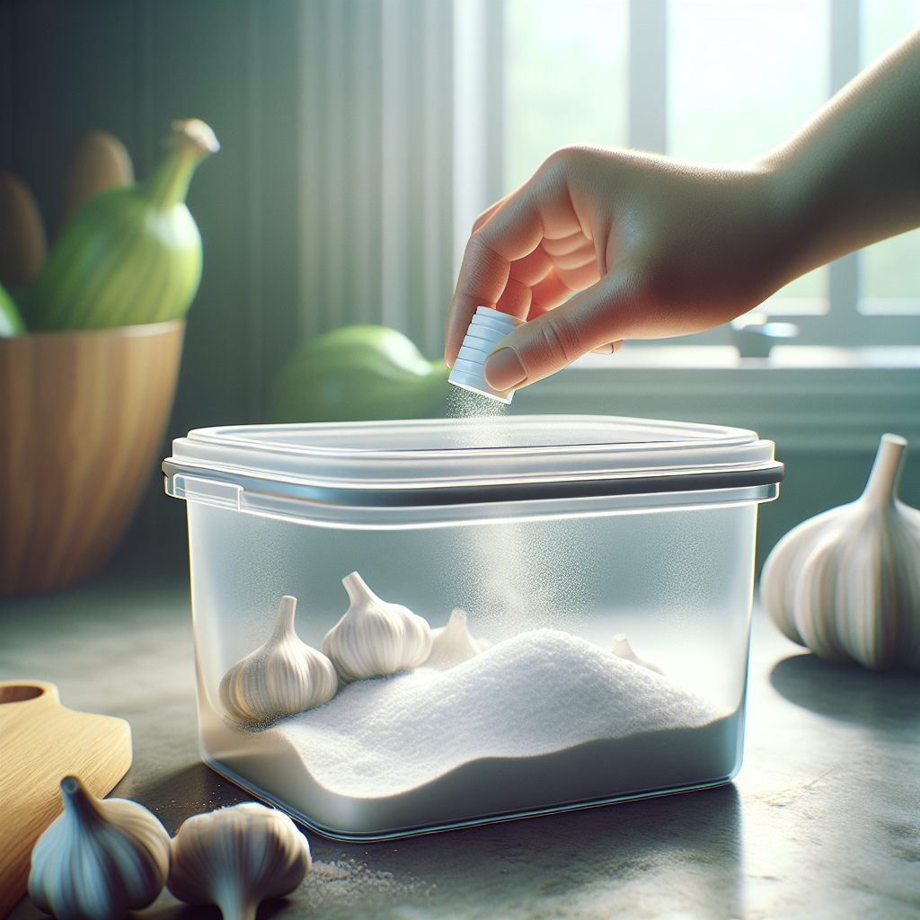 A transparent plastic food storage container on a bright kitchen counter, with a subtle, almost visible greenish vapor emanating from it, symbolizing a persistent garlic odor. A hand is gently sprinkling white baking soda powder into the container, suggesting a home remedy. Realistic, high-quality photograph, close-up, soft natural lighting.