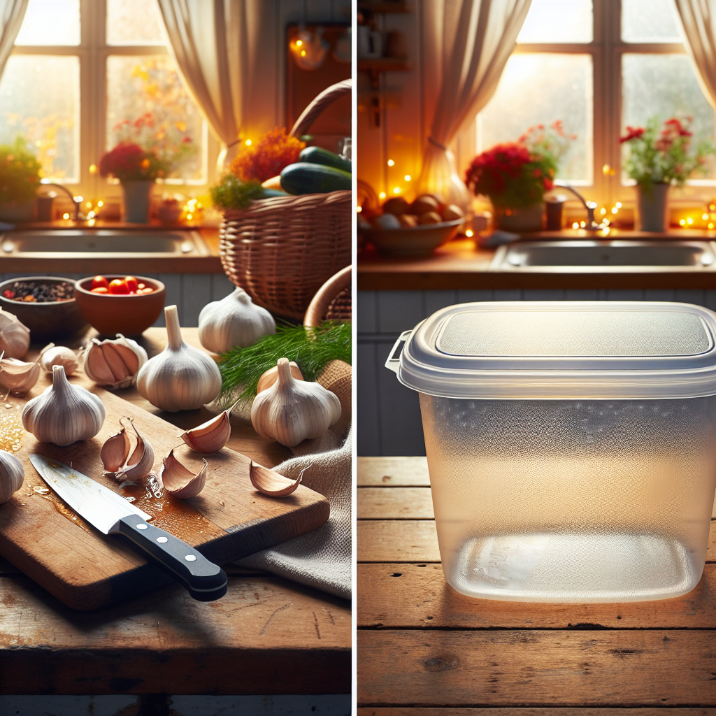 A contrasting kitchen scene with warm, inviting natural light. On one side, a rustic wooden cutting board with vibrant, fresh garlic cloves and a knife, representing the joy of cooking. On the other side, a clean but subtly stained or dulled clear plastic food container, with a faint, almost imperceptible visual hint of a lingering, stubborn smell, highlighting the challenge of garlic odor in plastic.