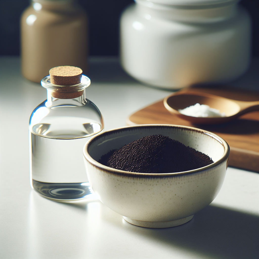 A close-up, aesthetically pleasing flat lay on a clean kitchen counter. On the counter, a small, elegant ceramic bowl is filled with dark, freshly ground coffee, and next to it, a simple, clear glass bowl holds white vinegar. The background is softly blurred, hinting at a clean kitchen environment. The overall style should be clean, natural, and inviting, suitable for a blog article about home remedies.