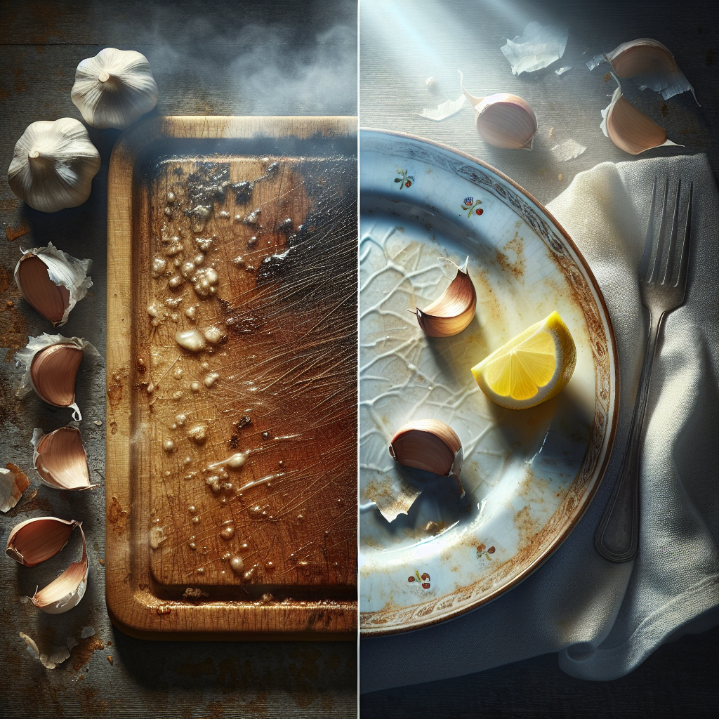 A photographic split image. On the left side, a used wooden cutting board and a ceramic plate with visible garlic residue and a few garlic peels, looking unwashed. The atmosphere is somewhat dull or slightly greasy, suggesting lingering odor. On the right side, the same wooden cutting board and ceramic plate, now sparkling clean, gleaming under bright, fresh light, perhaps with a slight misty or airy effect symbolizing freshness. A whole, clean garlic clove is placed subtly on the left, and a fresh lemon slice on the right. Realistic, bright kitchen setting, high detail.