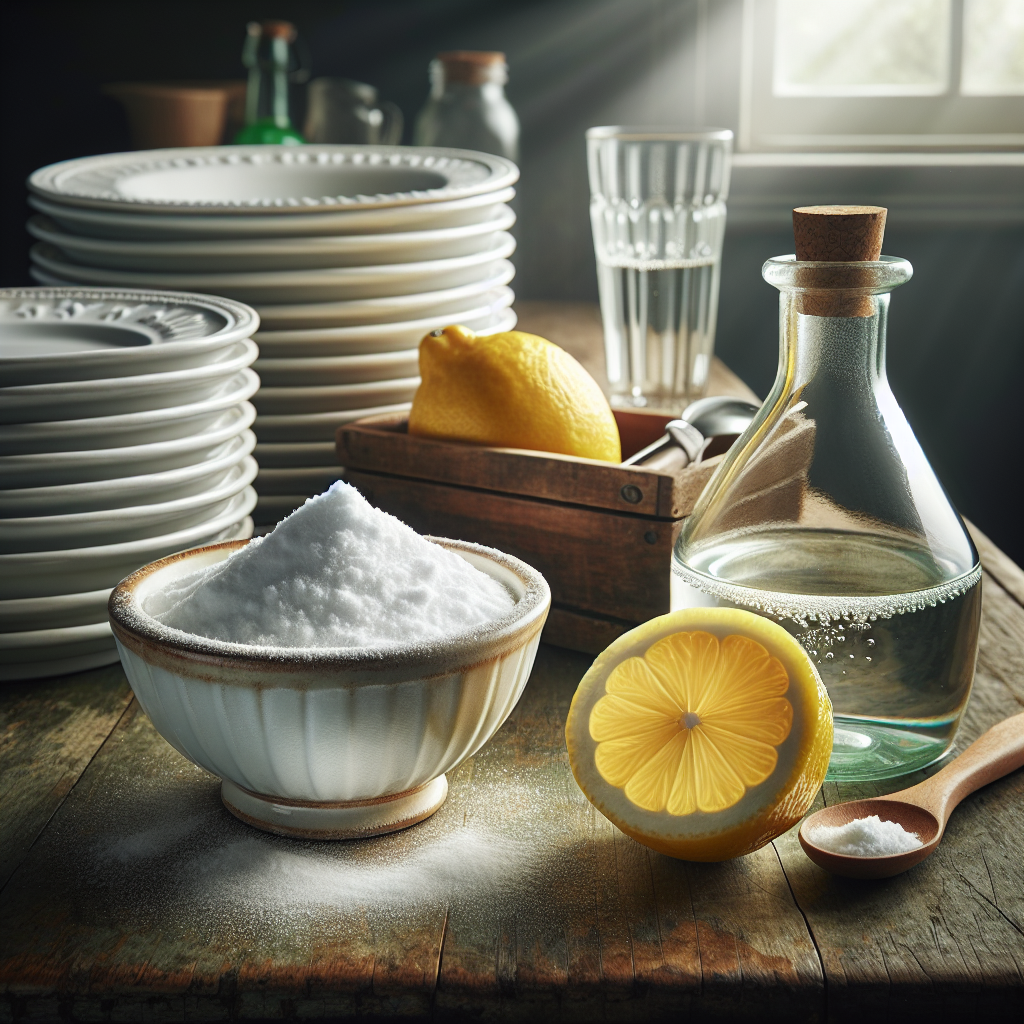 A beautifully arranged still life photo on a rustic wooden table. In the foreground, a small bowl filled with white baking soda, next to it, a halved fresh lemon, and a clear glass bottle of vinegar. In the background, a stack of sparkling clean, white ceramic plates and a polished metal spoon. The scene is bright and airy, with soft natural light highlighting the textures. A green kitchen sponge is subtly placed. Focus on natural, effective cleaning remedies. High-resolution photography style.