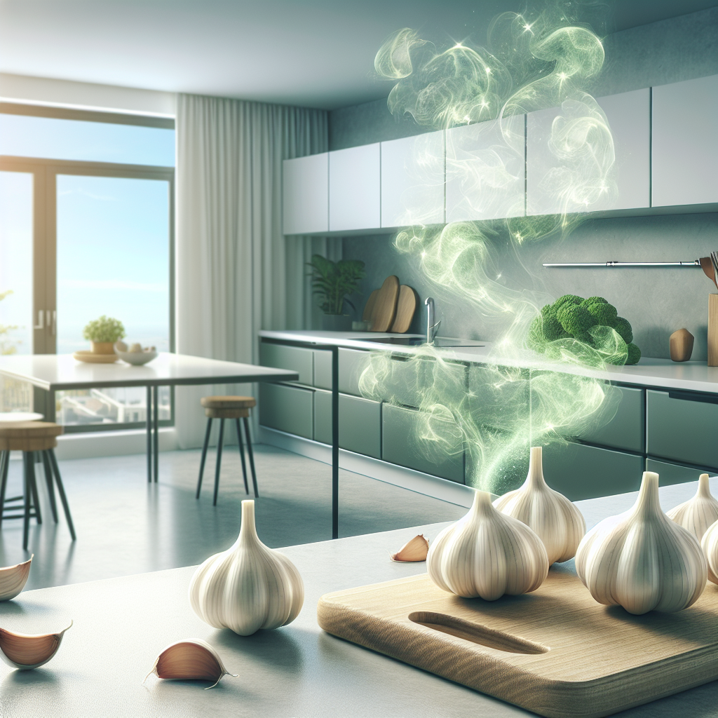 A modern, bright apartment kitchen scene. On a clean countertop, a few whole garlic cloves are scattered near a cutting board, with stylized, subtle green fumes emanating from them, representing the lingering smell. In the background, a large window is wide open, revealing a clear blue sky and a gentle breeze blowing into the room, symbolizing the fresh air driving out the odor. The overall feeling is one of transition from a persistent smell to freshness. Realistic, high-key photography.
