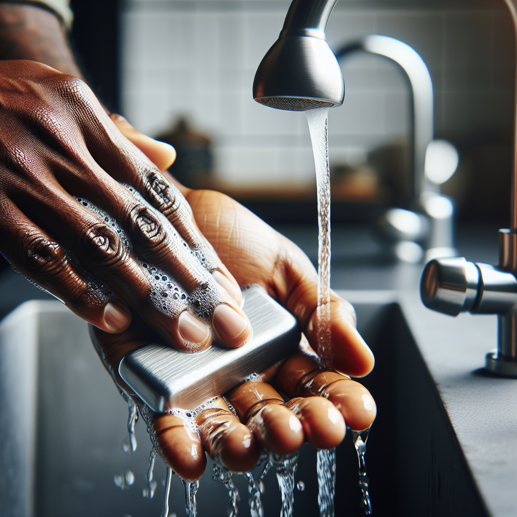 Close-up of clean, well-maintained hands under gently running water in a modern kitchen, actively rubbing fingers against a sleek stainless steel kitchen spoon or a dedicated stainless steel 'soap bar'. The focus is on the act of removing a stubborn odor, with a clean and fresh aesthetic. Natural light.