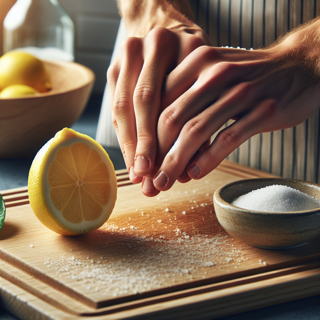 A close-up of hands in a bright kitchen, gently rubbing fresh lemon juice and coarse salt onto the fingertips. A halved lemon and a small bowl of salt are visible on a clean wooden cutting board or kitchen counter in the background. The scene emphasizes natural home remedies, with a fresh and clean feel.