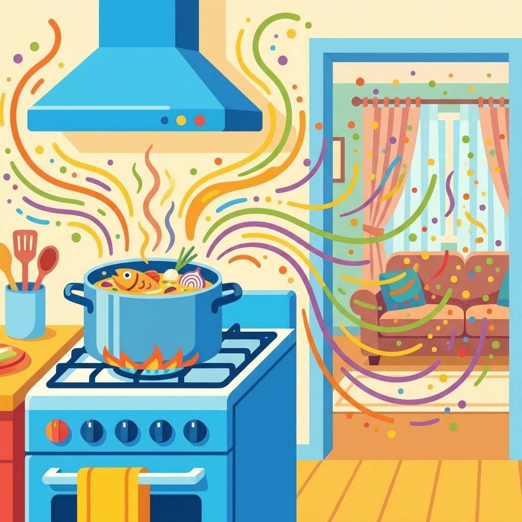A vibrant flat illustration depicting a kitchen scene where cooking odors are visibly spreading. In the foreground, a stove with a pot emits swirling, abstract odor particles (represented by small, colored dots or wavy lines) that emanate from the cooking food (e.g., frying fish or onions). These particles are shown spreading through an open doorway into an adjacent living room, where some are clinging to a sofa, curtains, and a wall. The overall impression should convey the stubbornness and widespread nature of cooking smells. The colors should be bright and engaging, suitable for a blog article.