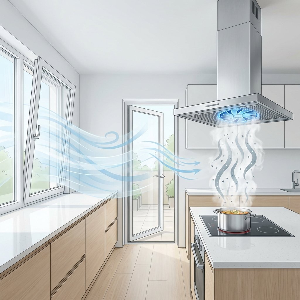 A bright and clean professional illustration showing effective immediate measures against cooking odors. The scene features a modern kitchen. A window is wide open, allowing a visible gust of fresh air (indicated by subtle blue lines or abstract shapes) to flow through, creating a cross-ventilation effect with an open door. Above an active stove, a powerful extractor hood is depicted efficiently pulling up steam and abstract odor particles. The kitchen environment should look fresh and free of lingering smells, emphasizing good airflow and prevention. The lighting should be clear and inviting.