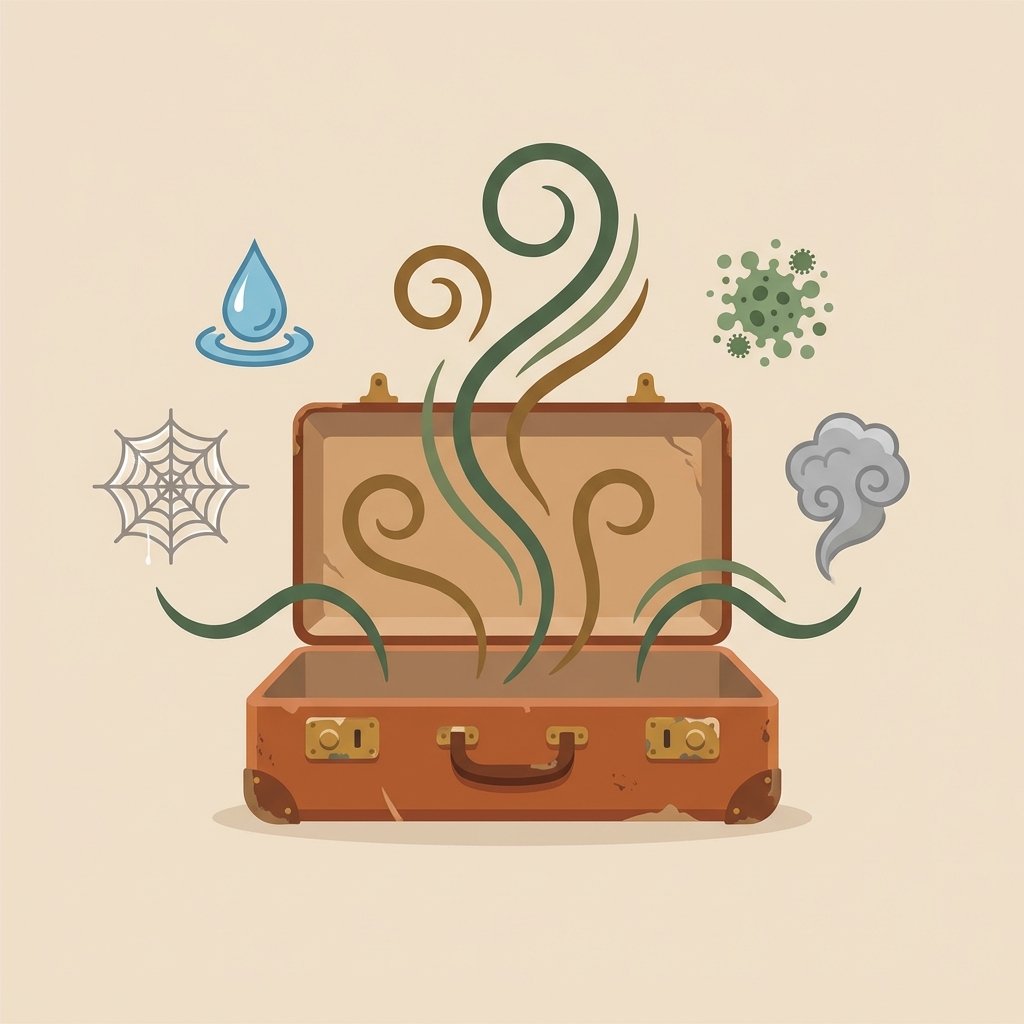 A detailed flat illustration depicting an open, slightly distressed travel suitcase with stylized wavy lines (representing bad odor) emanating from its interior. Around the suitcase, small, illustrative icons float: a dripping water droplet symbolizing moisture, a cobweb for long storage, a tiny mold spore cluster, and a wispy cloud representing smoke. The background is clean and minimalistic, focusing on the suitcase as the central problem. The style is modern, clean, and uses a limited, yet appealing color palette.