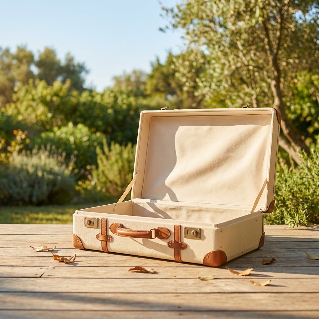 A bright, professional photo showcasing an open, empty suitcase placed outdoors on a clean, light surface, like a wooden deck or a patch of lush green grass, under warm, bright sunlight. The scene emphasizes natural ventilation, with a subtle hint of a gentle breeze (e.g., a slight ruffle in the lining or a few scattered leaves nearby). The overall mood is fresh, clean, and optimistic, conveying the idea of revitalization and airing out.