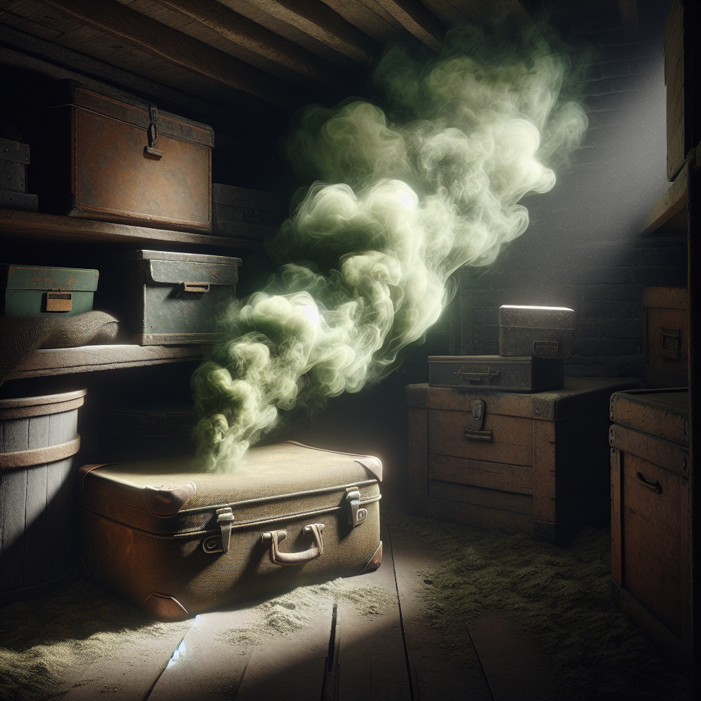 A slightly old, fabric suitcase, emitting visible wavy green-brown unpleasant fumes, sits in a dimly lit, dusty attic corner next to some storage boxes. The atmosphere is musty and neglected, conveying a strong sense of a bad smell. Realistic photo, atmospheric lighting, high detail.