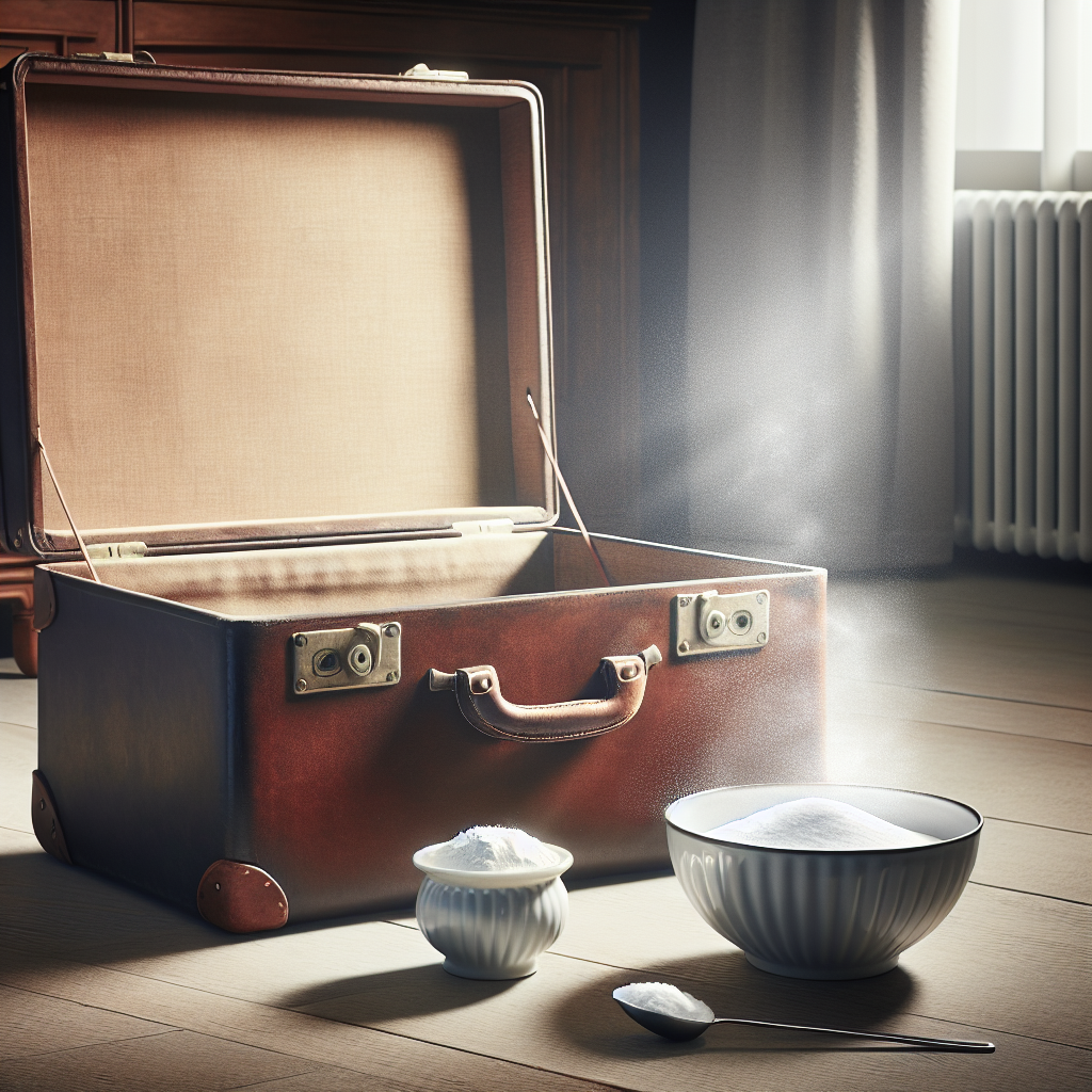 An open, vintage-style suitcase in a domestic setting, with a subtle visual representation of a bad smell emanating from inside (e.g., a faint, dark shadow or haze, not cartoonish). Next to the suitcase, a small, elegant bowl filled with white baking soda powder and a measuring spoon. Clean, bright lighting, realistic style, focus on problem and solution.