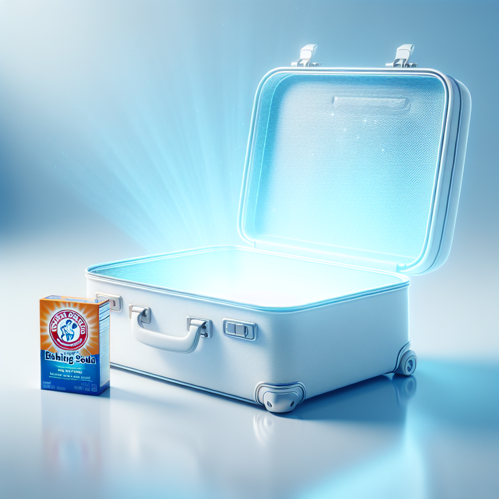 A bright, clean, open modern suitcase, looking fresh and pristine. Inside, a very subtle, almost ethereal light blue glow or shimmering particles suggesting freshness. A box or container of baking soda is clearly visible next to or slightly behind the suitcase. White, clean background, focus on freshness and the power of baking soda, realistic style.