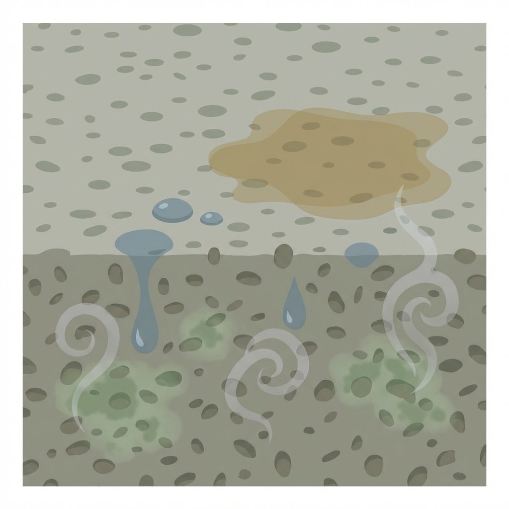 A detailed flat illustration depicting a cross-section of a cork floor or wall. Visible pores within the cork material are shown absorbing various elements: droplets of water, a faint greenish haze indicating mold growth, and stylized, swirling grey 'odor' wisps emanating upwards. A subtle, almost translucent stain from a pet accident or spilled liquid can be depicted on the surface. The overall impression should convey the porous nature of cork acting as a sponge for unpleasant odors and moisture. The color palette should be muted with hints of grey, green, and damp brown.