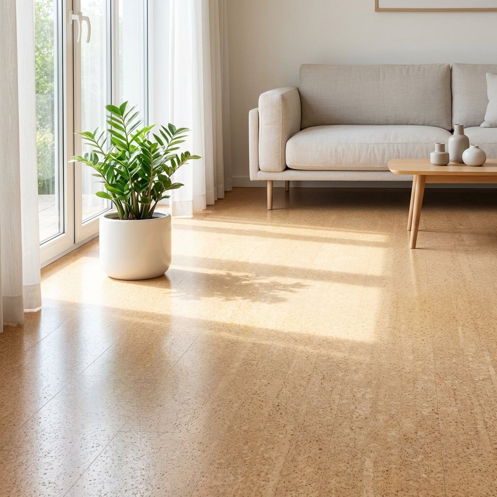 A professional, bright and airy photo of a modern living space featuring pristine cork flooring. Sunlight streams through a window, illuminating a section of the clean cork floor. The atmosphere should feel exceptionally fresh and inviting, with subtle visual cues of cleanliness, like a sparkling surface or light, clear air. Perhaps a strategically placed, vibrant green plant in a minimalist pot adds to the sense of natural freshness and purified air. The overall mood is one of renewed freshness and cleanliness after odor removal.