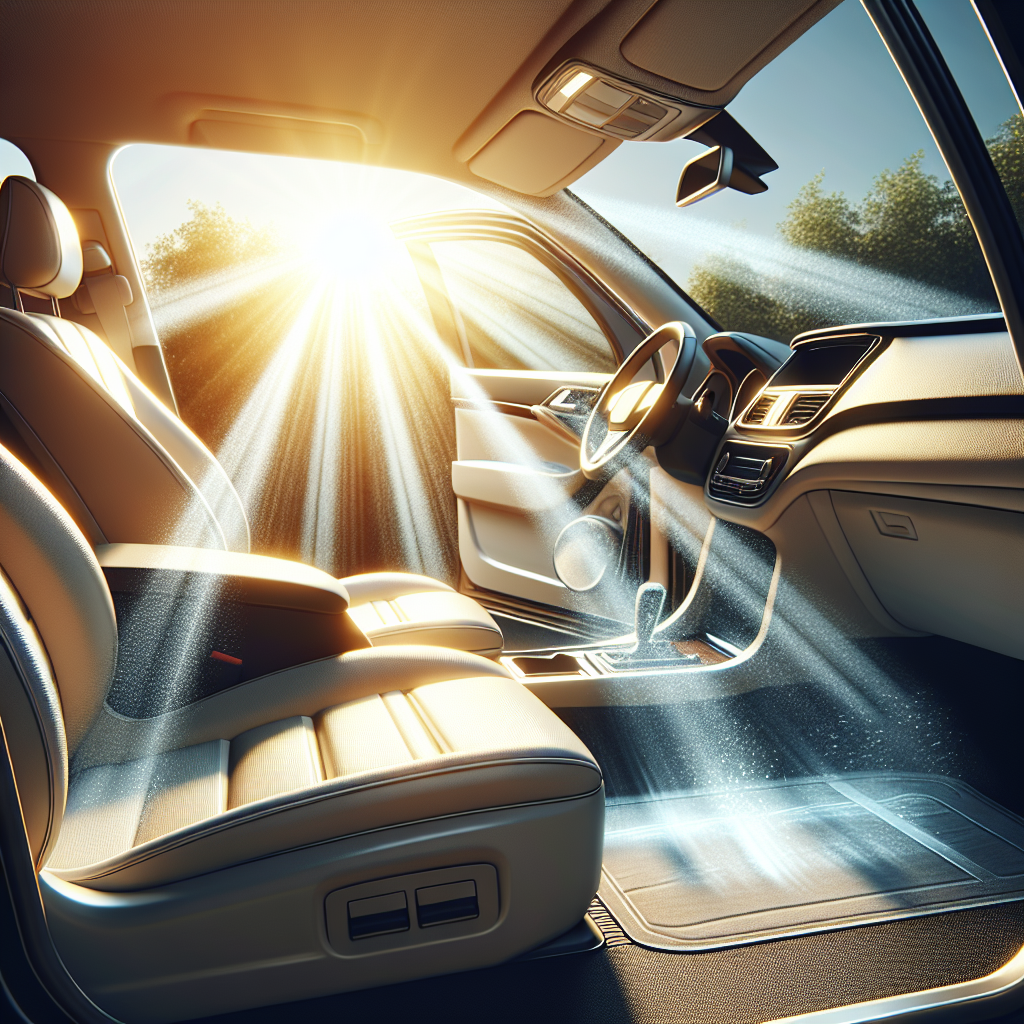 A bright, clean car interior bathed in sunlight, with car doors or windows slightly ajar, symbolizing fresh air and cleanliness. The car seats and floor are spotless and look inviting. The overall atmosphere is fresh, airy, and pleasant, representing the successful removal of bad odors and a restored, comfortable environment.