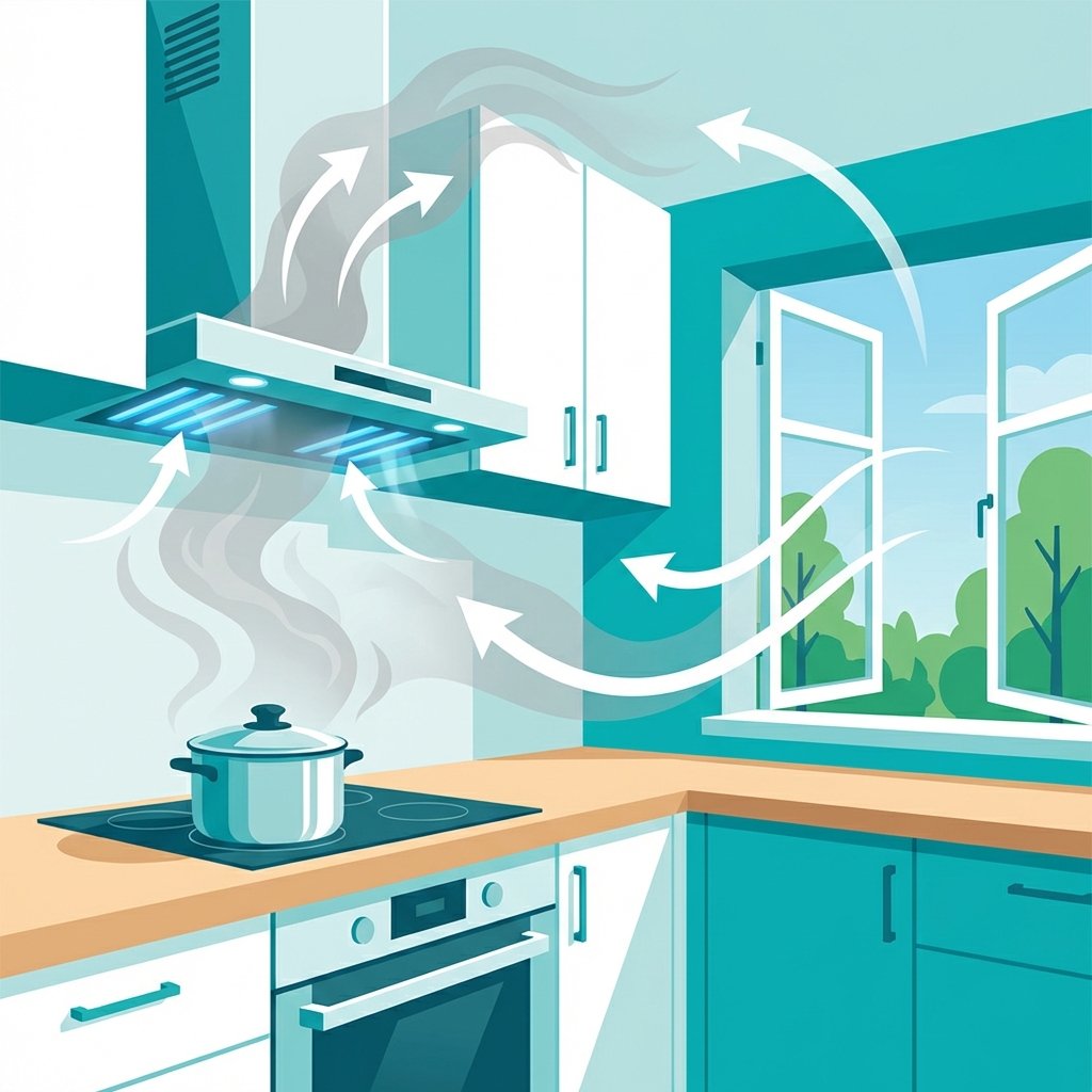A vibrant, clean flat illustration depicting a modern kitchen. A subtle, light grey smoky haze gently rises from a stovetop area, hinting at a past cooking mishap. Immediately visible are a wide-open window on one side, with stylized white arrows indicating fresh air flow into the room and the haze exiting. An active range hood above the stove is clearly drawing the smoky air upwards. The scene conveys efficient air circulation and immediate action, with a focus on problem-solving and a fresh, hopeful atmosphere.