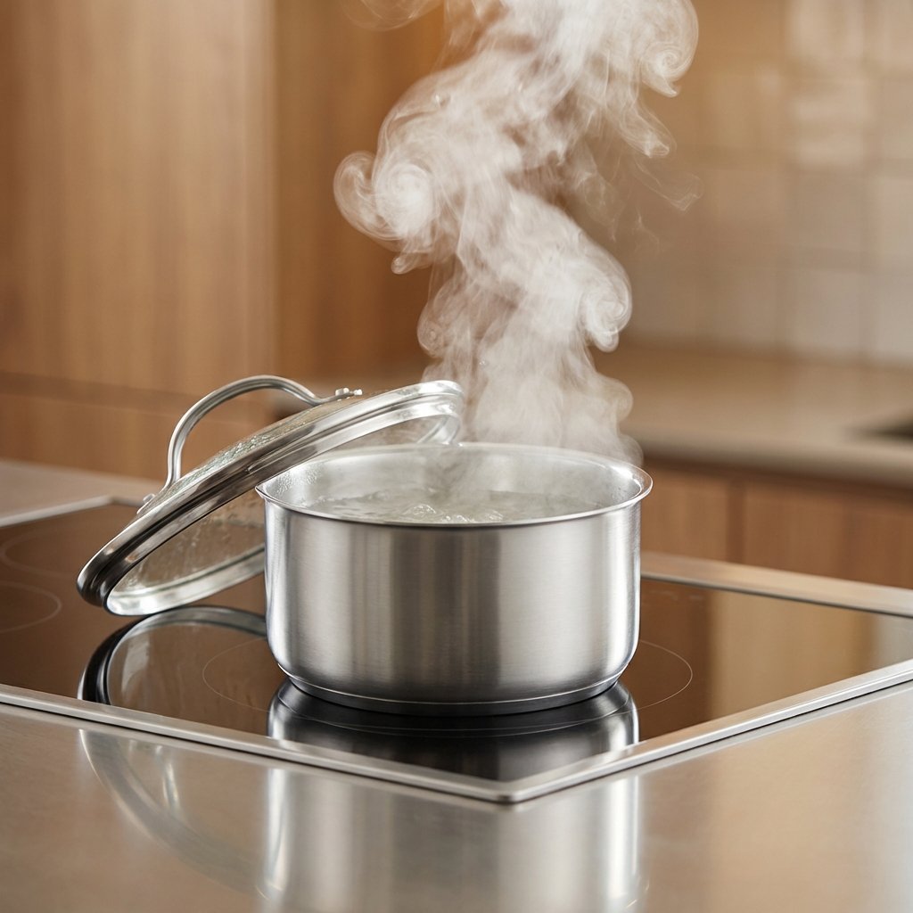 A professional photo, taken from a slightly elevated angle, showcasing a pristine kitchen stovetop. A sleek, minimalist stainless steel pot is gently simmering, releasing a noticeable plume of clean, white steam into the air. The liquid inside the pot is clear, subtly suggesting water and vinegar. The background is softly blurred, focusing entirely on the pot and steam, creating an impression of warmth, a natural purification process, and a clean, fresh environment.