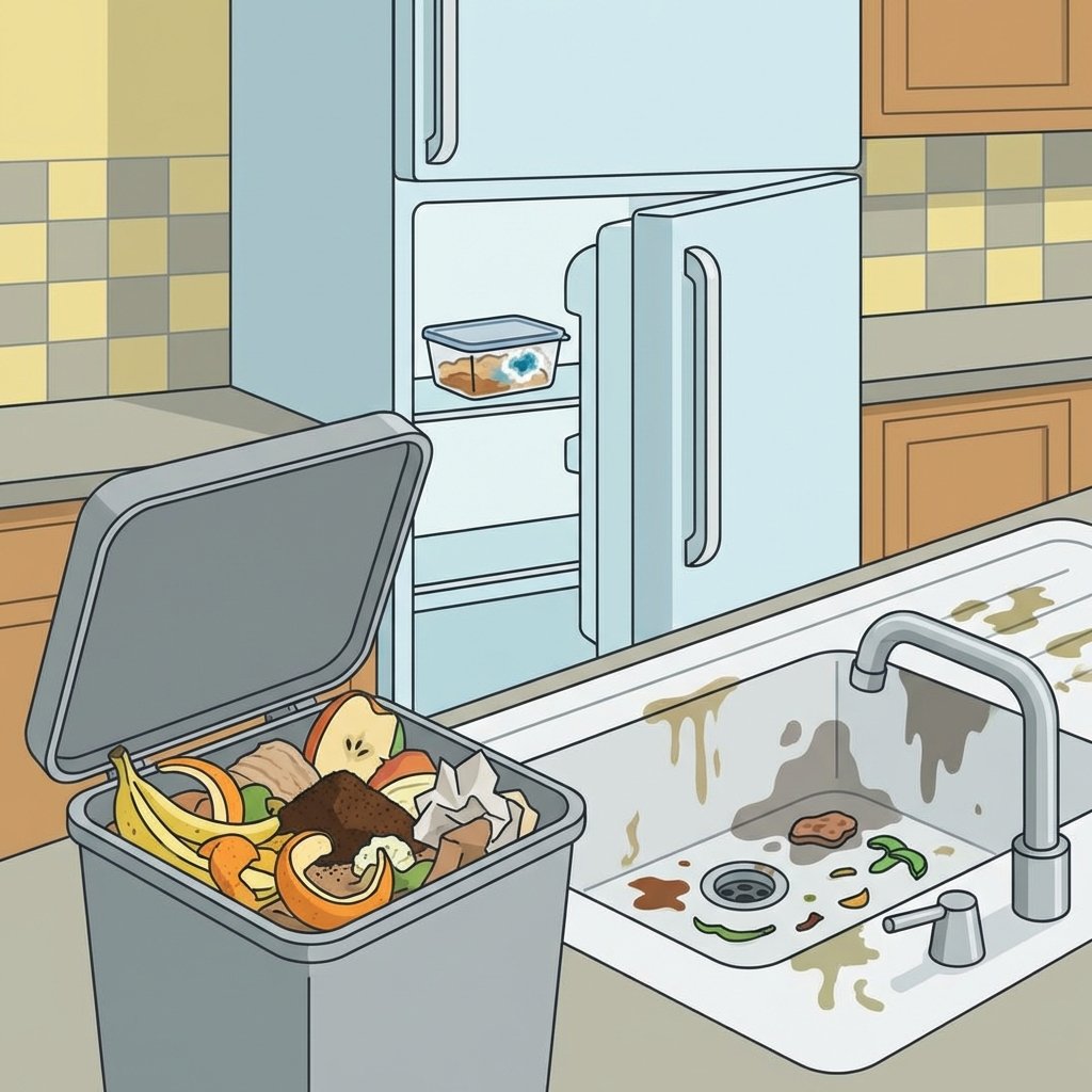 A detailed flat illustration depicting common sources of unpleasant kitchen odors. In the foreground, an overflowing kitchen bin is visible with various organic waste like fruit peels and coffee grounds. Nearby, a dirty sink shows remnants of food scraps and grease, with subtle dark, damp patches under the faucet. A slightly ajar refrigerator door reveals a forgotten container with a hint of mold. The overall scene should clearly highlight multiple problem areas in a realistic but clean illustration style, using a slightly muted color palette to emphasize the grimy elements against a typical kitchen setting.
