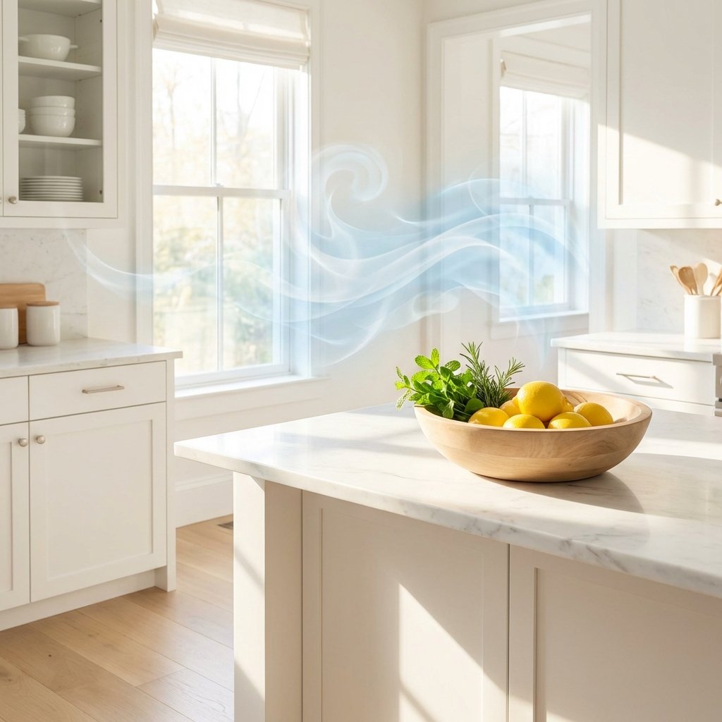 A professional, high-key photograph of a bright, inviting, and impeccably clean modern kitchen. Sunlight streams through a large window, illuminating a pristine countertop. On the counter, a stylish wooden bowl holds fresh, vibrant lemons and a few sprigs of fragrant mint or rosemary. The air above the countertop subtly shimmers with abstract, translucent swirls in light blue or white, visually representing a fresh, clean scent filling the space. The overall atmosphere conveys a sense of serene cleanliness, spaciousness, and natural freshness.