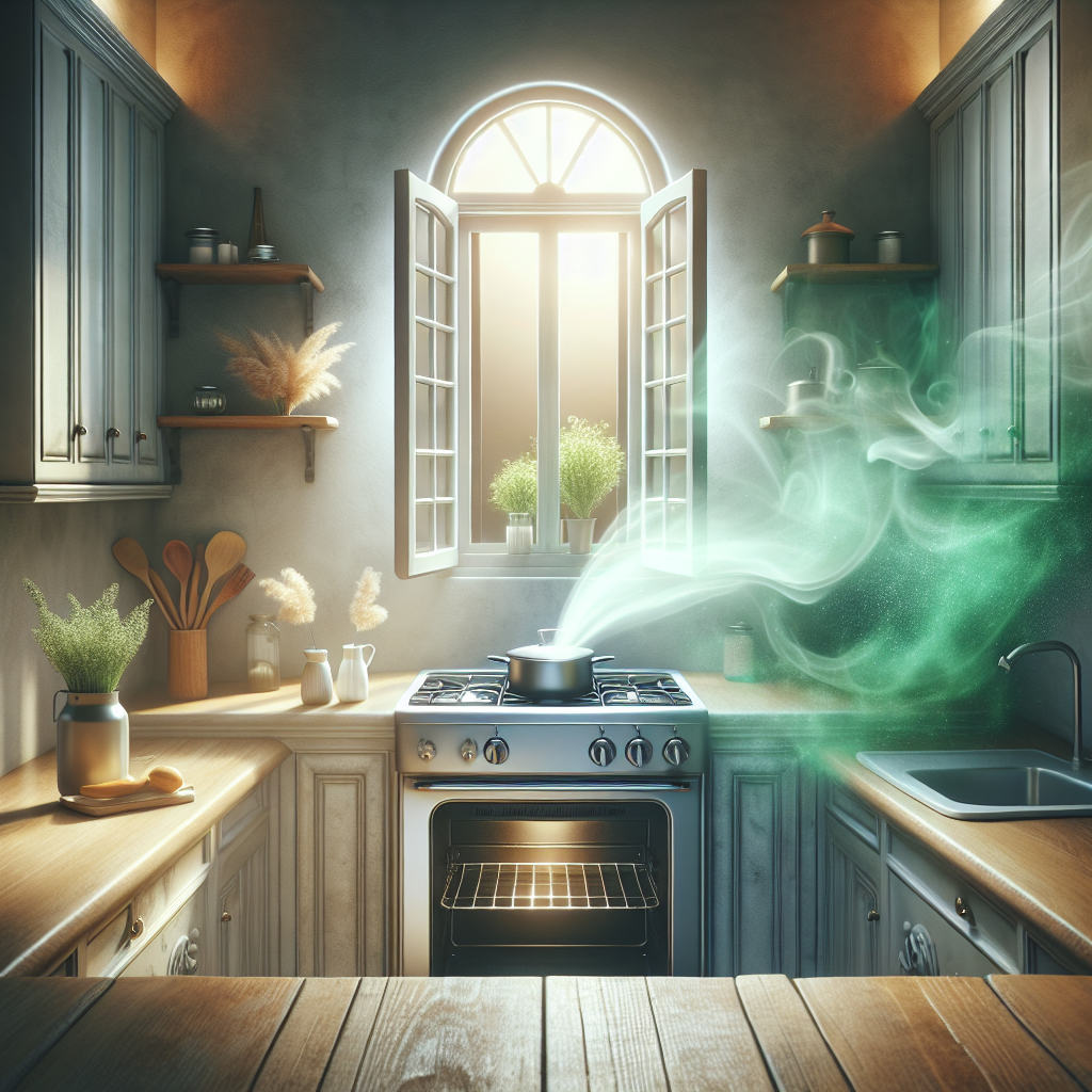 A cozy, clean kitchen scene. A subtle, swirling mist of grey, almost transparent smoke representing stale cooking odors is visibly dissipating near a stovetop, while simultaneously, a gentle, fresh green aura or glow emanates from an open window, symbolizing active odor neutralization and air purification. The style should be warm, inviting, and realistic.